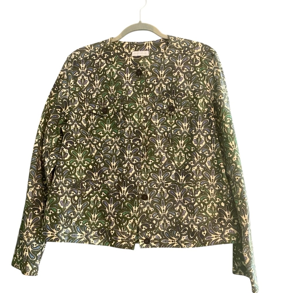Charter Club Paisley Print Cream Green Turquoise Collarless Jacket Sz M